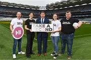 22 March 2023; In attendance at Croke Park as the Ladies Gaelic Football Association announced details of its ‘Take a Second’ awareness campaign are, from left, LGFA referee Jonathan Murphy, Tipperary footballer Anna Rose Kennedy, Uachtarán Cumann Peil Gael na mBan, Mícheál Naughton, Kerry footballer Anna Galvin and Longford manager Alan Mullen. The LGFA's 'Take a Second' campaign is aimed at encouraging and celebrating a culture of positivity and mutual respect among all members. Photo by Sam Barnes/Sportsfile