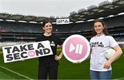 22 March 2023; In attendance at Croke Park as the Ladies Gaelic Football Association announced details of its ‘Take a Second’ awareness campaign is Tipperary footballer Anna Rose Kennedy, left, and Kerry footballer Anna Galvin. Photo by Sam Barnes/Sportsfile