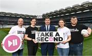22 March 2023; In attendance at Croke Park as the Ladies Gaelic Football Association announced details of its ‘Take a Second’ awareness campaign are, from left, LGFA referee Jonathan Murphy, Tipperary footballer Anna Rose Kennedy, Uachtarán Cumann Peil Gael na mBan, Mícheál Naughton, Kerry footballer Anna Galvin and Longford manager Alan Mullen. The LGFA's 'Take a Second' campaign is aimed at encouraging and celebrating a culture of positivity and mutual respect among all members. Photo by Sam Barnes/Sportsfile