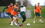 21 March 2023; Michael Obafemi and Seamus Coleman, left, during a Republic of Ireland training session at the FAI National Training Centre in Abbotstown, Dublin. Photo by Stephen McCarthy/Sportsfile