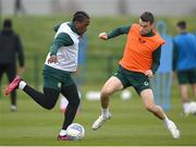 21 March 2023; Michael Obafemi and Seamus Coleman, right, during a Republic of Ireland training session at the FAI National Training Centre in Abbotstown, Dublin. Photo by Stephen McCarthy/Sportsfile