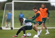21 March 2023; Michael Obafemi and Seamus Coleman, right, during a Republic of Ireland training session at the FAI National Training Centre in Abbotstown, Dublin. Photo by Stephen McCarthy/Sportsfile