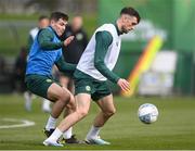 21 March 2023; Troy Parrott and Josh Cullen, left, during a Republic of Ireland training session at the FAI National Training Centre in Abbotstown, Dublin. Photo by Stephen McCarthy/Sportsfile