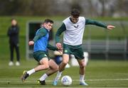 21 March 2023; Troy Parrott and Josh Cullen, left, during a Republic of Ireland training session at the FAI National Training Centre in Abbotstown, Dublin. Photo by Stephen McCarthy/Sportsfile