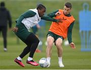 21 March 2023; Michael Obafemi and Seamus Coleman, right, during a Republic of Ireland training session at the FAI National Training Centre in Abbotstown, Dublin. Photo by Stephen McCarthy/Sportsfile