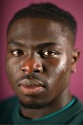 21 March 2023; Festy Ebosele poses for a portrait during a Republic of Ireland U21's media conference at Carlton Hotel Blanchardstown in Dublin. Photo by Stephen McCarthy/Sportsfile