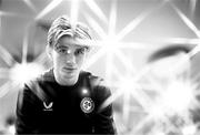 21 March 2023; (EDITOR'S NOTE; This image was created using a special effects camera filter and has been converted to black & white) Ollie O'Neill poses for a portrait during a Republic of Ireland U21's media conference at Carlton Hotel Blanchardstown in Dublin. Photo by Stephen McCarthy/Sportsfile
