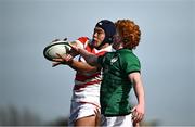 22 March 2023; Mark Lee of Ireland wins possession in the lineout against Kotaro Okawa of Japan during the Under-19 Rugby International match between Ireland and Japan at Lakelands Park in Dublin. Photo by Harry Murphy/Sportsfile