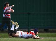 22 March 2023; Tulimafuaimahola Tupou of Japan dives over to score his side's first try during the Under-19 Rugby International match between Ireland and Japan at Lakelands Park in Dublin. Photo by Harry Murphy/Sportsfile