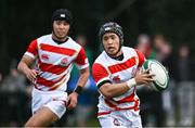 22 March 2023; Ryunosuke Ito of Japan, right, during the Under-19 Rugby International match between Ireland and Japan at Lakelands Park in Dublin. Photo by Harry Murphy/Sportsfile