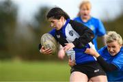 22 March 2023; Alysah Hollywood of Dundalk Grammer School in action against Wilson Hospitel, Westmeath during Group match Wilson Hospital, Westmeath v Dundalk Grammer School at the Leinster Rugby Girls x7s Finals Day at Cill Dara RFC in Kildare. Photo by Matt Browne/Sportsfile
