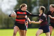 22 March 2023; Roisin Bennett of St Mary's Edenderry, Co Offaly in action against Mercy Secondary School, Kilbeggan, Co Westmeath during a senior group match between Mercy Secondary School, Kilbeggan, Co Westmeath v St Mary's Edenderry, Co Offaly at the Leinster Rugby Girls x7s Finals Day at Cill Dara RFC in Kildare. Photo by Matt Browne/Sportsfile