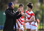 22 March 2023; Tulimafuaimahola Tupou, left, and Junnosuke Aoyagi of Japan after their side's victory in the Under-19 Rugby International match between Ireland and Japan at Lakelands Park in Dublin. Photo by Harry Murphy/Sportsfile