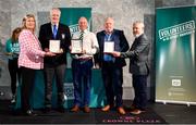 22 March 2023; In attendance during the Volunteers in Sport Awards are from left, Federation of Irish Sport Chairperson Clare McGrath, Martin Shankey Smith from Naomh Conall GAA, Donegal, Mickey Redmond from Saval GAC, Down, Micky Fleming from Churchlands Golden gloves, Derry, and Head of Sport, Louth Sports Partnership and Louth County Council, Graham Russell, at The Crowne Plaza in Blanchardstown, Dublin. Photo by Sam Barnes/Sportsfile