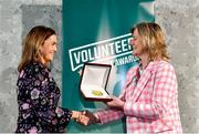 22 March 2023; Breda Galligan from Castletara Camogie Club, Cavan, left, receives her award from Federation of Irish Sport Chairperson Clare McGrath during the Volunteers in Sport Awards at The Crowne Plaza in Blanchardstown, Dublin. Photo by Sam Barnes/Sportsfile