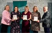 22 March 2023; In attendance during the Volunteers in Sport Awards are, from left, Federation of Irish Sport Chairperson Clare McGrath, Breda Galligan from Castletara Camogie Club, Cavan, Sally Rafferty from St Brenda's Camogie Club, Armagh, Katie Speers from Ballymoney RFC, Antrim, and Head of Sport, Louth Sports Partnership and Louth County Council, Graham Russell, at The Crowne Plaza in Blanchardstown, Dublin. Photo by Sam Barnes/Sportsfile