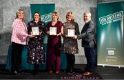 22 March 2023; In attendance during the Volunteers in Sport Awards are, from left, Federation of Irish Sport Chairperson Clare McGrath, Breda Galligan from Castletara Camogie Club, Cavan, Sally Rafferty from St Brenda's Camogie Club, Armagh, Katie Speers from Ballymoney RFC, Antrim, and Head of Sport, Louth Sports Partnership and Louth County Council, Graham Russell, at The Crowne Plaza in Blanchardstown, Dublin. Photo by Sam Barnes/Sportsfile