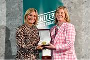 22 March 2023; Katie Speers from Ballymoney RFC, Antrim, receives her award from Federation of Irish Sport Chairperson Clare McGrath during the Volunteers in Sport Awards at The Crowne Plaza in Blanchardstown, Dublin. Photo by Sam Barnes/Sportsfile