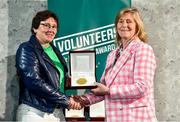 22 March 2023; Collette Riordan from West Muskerry AC, Cork, left, receives her award from Federation of Irish Sport Chairperson Clare McGrath during the Volunteers in Sport Awards at The Crowne Plaza in Blanchardstown, Dublin. Photo by Sam Barnes/Sportsfile