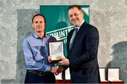 22 March 2023; Paul Buckley from Ferbane AC, Offaly, left, receives his award from Minister of State for Sport and Physical Education, Thomas Byrne TD, during the Volunteers in Sport Awards at The Crowne Plaza in Blanchardstown, Dublin. Photo by Sam Barnes/Sportsfile