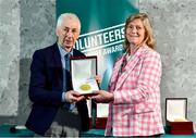22 March 2023; Denis Cadogan from Horeswood GAA & Handball Club, Wexford, receives his award from Federation of Irish Sport Chairperson Clare McGrath during the Volunteers in Sport Awards at The Crowne Plaza in Blanchardstown, Dublin. Photo by Sam Barnes/Sportsfile