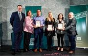 22 March 2023; In attendance during the Volunteers in Sport Awards are, from left, Minister of State for Sport and Physical Education, Thomas Byrne TD, Federation of Irish Sport Chairperson Clare McGrath, Paul Buckley from Ferbane AC, Offaly, Deborah Kelly-Long from East Coast Cavaliers, Meath, Olivia Wall from Roche Emmets GFC, Louth, and Head of Sport, Louth Sports Partnership and Louth County Council, Graham Russell, at The Crowne Plaza in Blanchardstown, Dublin. Photo by Sam Barnes/Sportsfile