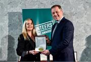 22 March 2023; Deborah Kelly-Long from East Coast Cavaliers, Meath, receives her award from Minister of State for Sport and Physical Education, Thomas Byrne TD, during the Volunteers in Sport Awards at The Crowne Plaza in Blanchardstown, Dublin. Photo by Sam Barnes/Sportsfile
