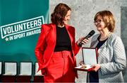 22 March 2023; MC Gráinne McElwain interviews Carmel O’Neill from Paulstown Boxing Club, Kilkenny, during the Volunteers in Sport Awards at The Crowne Plaza in Blanchardstown, Dublin. Photo by Sam Barnes/Sportsfile