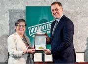 22 March 2023; Marie Thompson from Abbeyleix Hockey Club, Laois, receives her award from Minister of State for Sport and Physical Education, Thomas Byrne TD, during the Volunteers in Sport Awards at The Crowne Plaza in Blanchardstown, Dublin. Photo by Sam Barnes/Sportsfile
