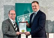 22 March 2023; Eddie Hennessey from Clonmullion FC, Kildare, left, receives his award from Minister of State for Sport and Physical Education, Thomas Byrne TD, during the Volunteers in Sport Awards at The Crowne Plaza in Blanchardstown, Dublin. Photo by Sam Barnes/Sportsfile