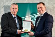 22 March 2023; Tony Hickey from Fortunestown Swim Club,Dublin South, left, receives his award from Minister of State for Sport and Physical Education, Thomas Byrne TD, during the Volunteers in Sport Awards at The Crowne Plaza in Blanchardstown, Dublin. Photo by Sam Barnes/Sportsfile
