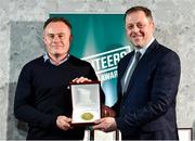 22 March 2023; Joe Davitt from Ranelagh Gaels, Dublin City, left, receives his award from Minister of State for Sport and Physical Education, Thomas Byrne TD, during the Volunteers in Sport Awards at The Crowne Plaza in Blanchardstown, Dublin. Photo by Sam Barnes/Sportsfile
