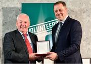22 March 2023; Frank Grehan from St. Aidans GAA Club, Roscommon, left, receives his award from Minister of State for Sport and Physical Education, Thomas Byrne TD, during the Volunteers in Sport Awards at The Crowne Plaza in Blanchardstown, Dublin. Photo by Sam Barnes/Sportsfile