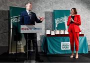 22 March 2023; Minister of State for Sport and Physical Education, Thomas Byrne TD and MC Gráinne McElwain in conversation during the Volunteers in Sport Awards at The Crowne Plaza in Blanchardstown, Dublin. Photo by Sam Barnes/Sportsfile