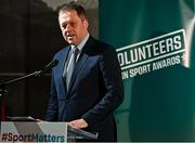 22 March 2023; Minister of State for Sport and Physical Education, Thomas Byrne TD speaking during the Volunteers in Sport Awards at The Crowne Plaza in Blanchardstown, Dublin. Photo by Sam Barnes/Sportsfile
