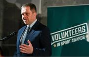 22 March 2023; Minister of State for Sport and Physical Education, Thomas Byrne TD speaking during the Volunteers in Sport Awards at The Crowne Plaza in Blanchardstown, Dublin. Photo by Sam Barnes/Sportsfile