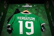 22 March 2023; The jersey of Evan Ferguson hangs in the Republic of Ireland dressing room before the international friendly match between Republic of Ireland and Latvia at Aviva Stadium in Dublin. Photo by Stephen McCarthy/Sportsfile