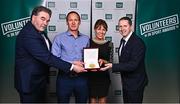 22 March 2023; Award winner Paul Buckley from Ferbane AC, Offaly, second from left, alongside his wife Oliva Buckley Councillor Robert McDermott, left, and Offaly Sports Partnership Coordinator Dermot Egan, right, during the Volunteers in Sport Awards at The Crowne Plaza in Blanchardstown, Dublin. Photo by Sam Barnes/Sportsfile