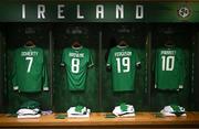 22 March 2023; The jerseys of Matt Doherty, Alan Browne, Evan Ferguson and Troy Parrott hang in the Republic of Ireland dressing room before the international friendly match between Republic of Ireland and Latvia at Aviva Stadium in Dublin. Photo by Stephen McCarthy/Sportsfile