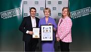 22 March 2023; Award winner and Outstanding Achievement Award winner Aislinn Nugent from Valleymount LGFA, Wicklow, centre, with her husband Liam Reid and Federation of Irish Sport Chairperson Clare McGrath during the Volunteers in Sport Awards at The Crowne Plaza in Blanchardstown, Dublin. Photo by Sam Barnes/Sportsfile