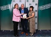 22 March 2023; Award winner Micky Fleming from Churchlands Golden gloves, Derry, with his wife Valerie Fleming, right, and Federation of Irish Sport Chairperson Clare McGrath, left,  during the Volunteers in Sport Awards at The Crowne Plaza in Blanchardstown, Dublin. Photo by Sam Barnes/Sportsfile