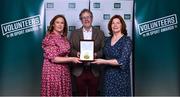 22 March 2023; Award winner Michael Cox from Park Rangers AFC, Waterford, with Park Rangers AFC Chair Avril Bowe and Sports Co-ordinator at Waterford Sports Partnership Rosarie Kealy, during the Volunteers in Sport Awards at The Crowne Plaza in Blanchardstown, Dublin. Photo by Sam Barnes/Sportsfile