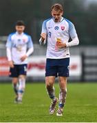 22 March 2023; Adam Griger of Slovakia celebrates after his side's victory in the UEFA European Under-19 Championship Elite Round match between Republic of Ireland and Slovakia at Ferrycarrig Park in Wexford. Photo by Piaras Ó Mídheach/Sportsfile
