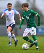 22 March 2023; Harry Vaughan of Republic of Ireland in action against Šimon Micuda of Slovakia during the UEFA European Under-19 Championship Elite Round match between Republic of Ireland and Slovakia at Ferrycarrig Park in Wexford. Photo by Piaras Ó Mídheach/Sportsfile