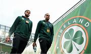 22 March 2023; Andrew Omobamidele and Republic of Ireland goalkeeper Gavin Bazunu walk the pitch before the international friendly match between Republic of Ireland and Latvia at Aviva Stadium in Dublin. Photo by Stephen McCarthy/Sportsfile