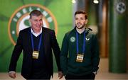 22 March 2023; Republic of Ireland manager Stephen Kenny and Mikey Johnston before the international friendly match between Republic of Ireland and Latvia at Aviva Stadium in Dublin. Photo by Stephen McCarthy/Sportsfile