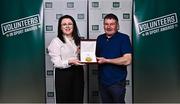 22 March 2023; Award winner John Jacob from Carlow Muay Thai, Carlow, with Carlow Sports Partnership Coordindator Deborah Foley during the Volunteers in Sport Awards at The Crowne Plaza in Blanchardstown, Dublin. Photo by Sam Barnes/Sportsfile