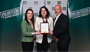 22 March 2023; Award winner Deirdre Maloney Reid from Moy Davitts GAA Club, Mayo, centre, alongside Ann Loftus and Head of Mayo Sports Partnership Charlie Lambert during the Volunteers in Sport Awards at The Crowne Plaza in Blanchardstown, Dublin. Photo by Sam Barnes/Sportsfile