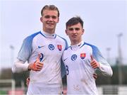 22 March 2023; Slovakia goalscorers Adam Griger, left, and Artur Gajdoš celebrate after their side's victory in the UEFA European Under-19 Championship Elite Round match between Republic of Ireland and Slovakia at Ferrycarrig Park in Wexford. Photo by Piaras Ó Mídheach/Sportsfile