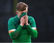 22 March 2023; Sam Curtis of Republic of Ireland after his side's defeat in the UEFA European Under-19 Championship Elite Round match between Republic of Ireland and Slovakia at Ferrycarrig Park in Wexford. Photo by Piaras Ó Mídheach/Sportsfile